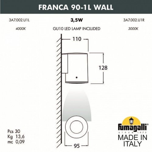 Настенный светильник уличный Fumagalli Franca 90 3A7.002.000.AXU1L