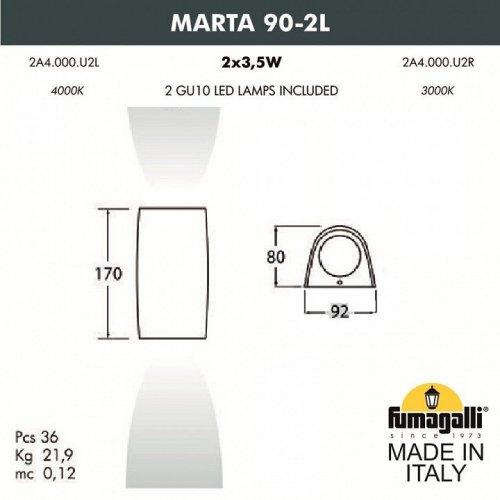 Уличный настенный светодиодный светильник Fumagalli Marta 2A4.000.000.WXU2L