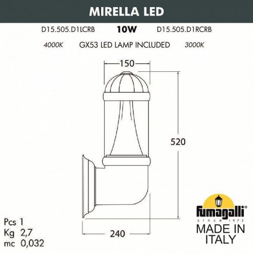 Настенный фонарь уличный Fumagalli Sauro D15.505.000.WXD1L.CRB