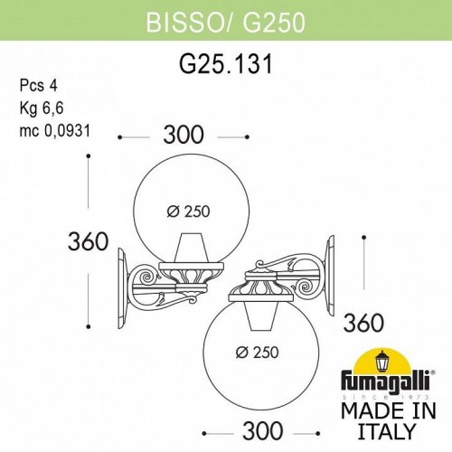 Настенный фонарь уличный Fumagalli GLOBE 250 G25.131.000.VYF1R